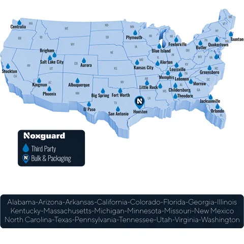 Noxguard DEF products coverage map across the United States, including third party, bulk and packaging supply