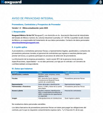 Portada del aviso de privacidad: Proveedores, contratistas y prospectos de proveedor