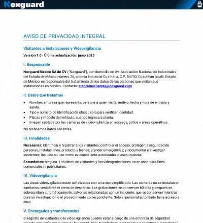 Portada del aviso de privacidad: Visitantes a instalaciones y videovigilancia